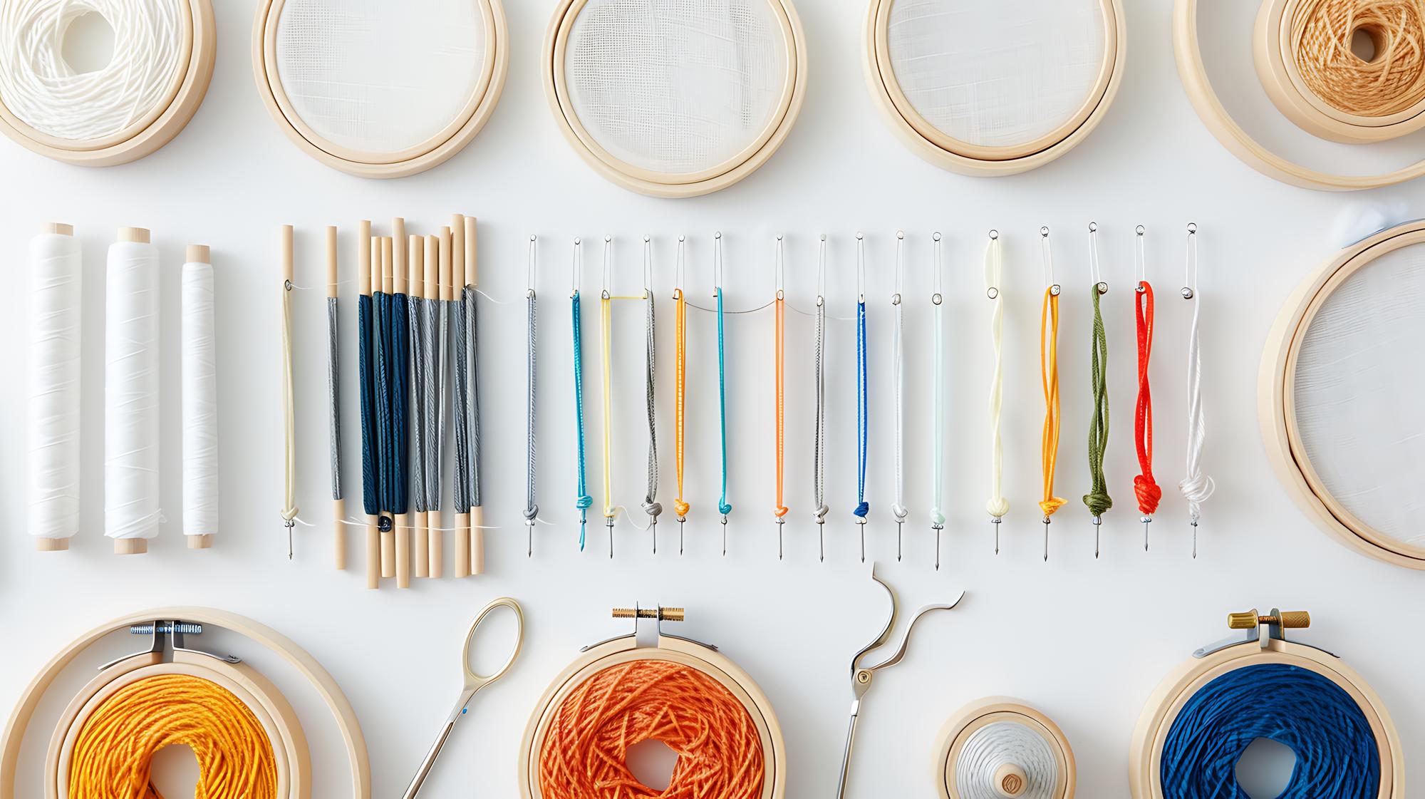 Atelierarbeitsplatz mit Stickrahmen und Garnrollen